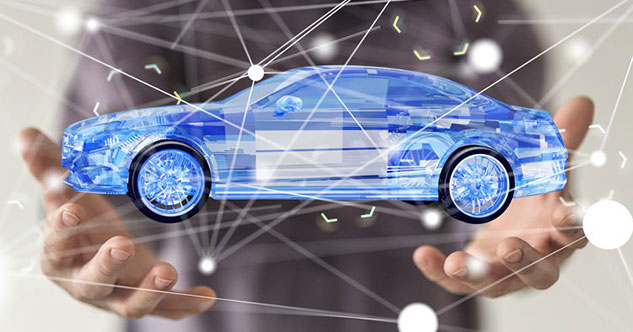 A futuristic electric car with a data overlay, representing automotive technology.